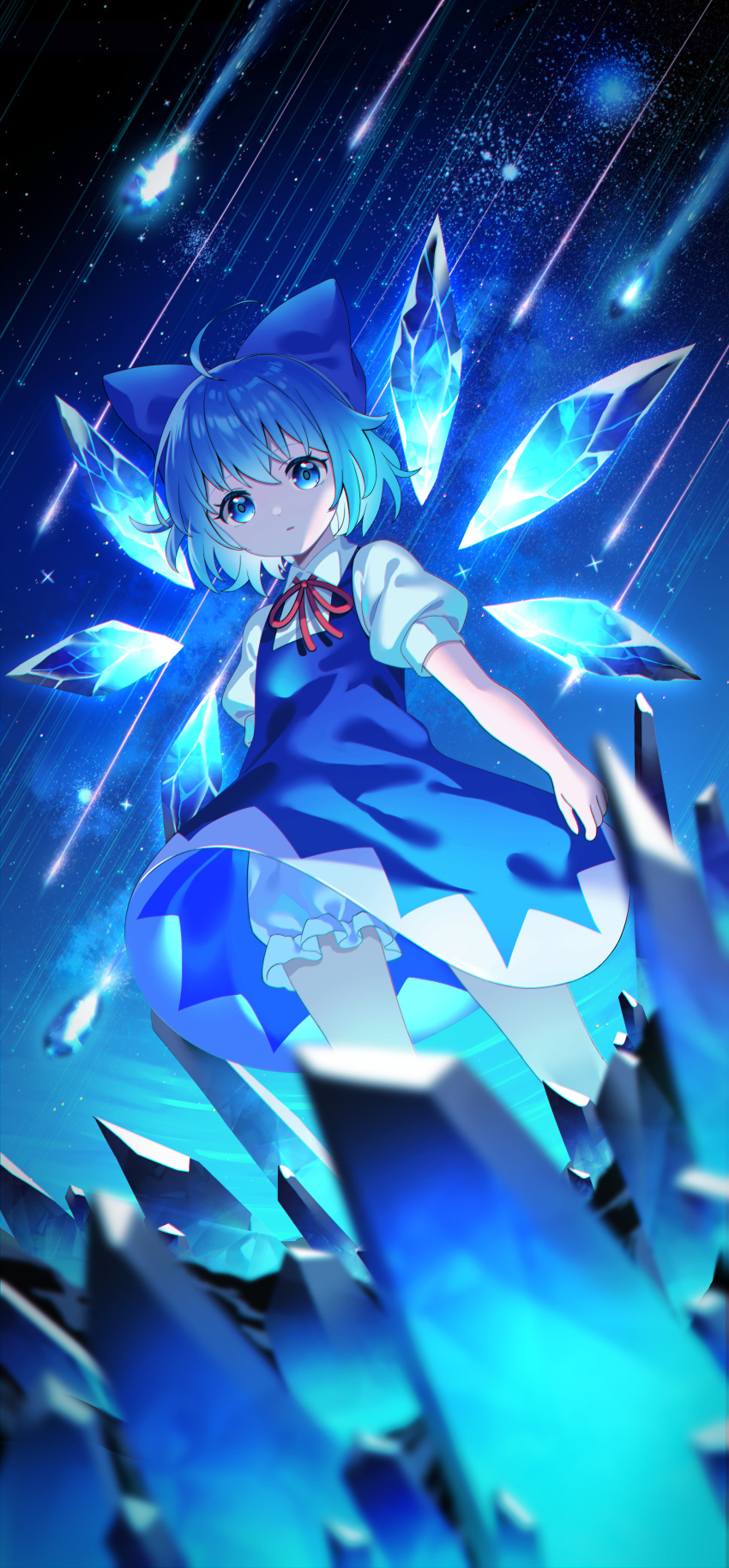 1girl absurdres bangs bloomers blue_bow blue_dress blue_eyes blue_hair bow cirno collared_shirt detached_wings dress fairy hair_between_eyes hair_bow highres ice ice_wings parted_lips pinafore_dress puffy_short_sleeves puffy_sleeves red_ribbon ribbon shirt short_hair short_sleeves solo touhou underwear white_bloomers white_shirt wings yuujin_(yuzinn333)