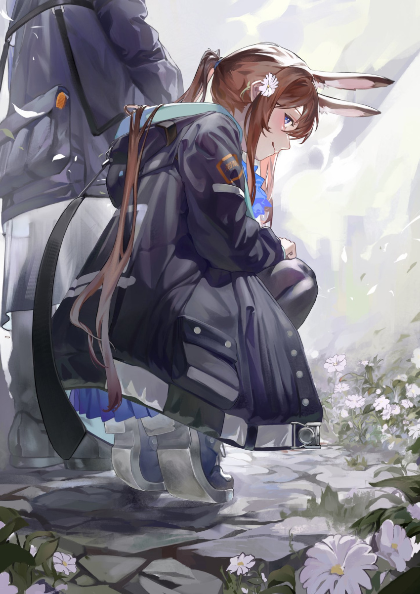 1girl 1other amiya_(arknights) animal_ear_fluff animal_ears arknights ascot bag black_jacket black_pants blue_ascot blue_footwear blue_skirt blush bounsies brown_hair commentary crack cracked_floor daisy doctor_(arknights) extra_ears flower hair_flower hair_ornament head_out_of_frame highres hood hooded_jacket jacket long_hair looking_at_viewer looking_back outdoors pants pleated_skirt rabbit_ears rabbit_girl shoes skirt smile sneakers squatting very_long_hair white_flower