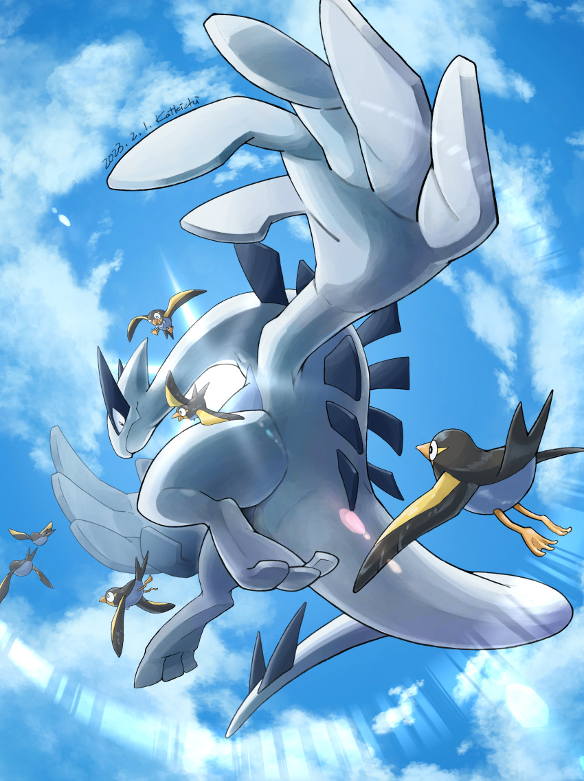 2023 absurd_res ambiguous_gender beak black_body black_eyes black_feathers blue_body blue_eyes cloud dated digital_drawing_(artwork) digital_media_(artwork) feathers feral flying generation_2_pokemon generation_9_pokemon grey_body grey_feathers group hi_res katkichi legendary_pokemon long_neck long_tail lugia membrane_(anatomy) nintendo pokemon pokemon_(species) signature size_difference sky sun suspended_in_midair tail wattrel webbed_feet white_body wings yellow_body yellow_feathers