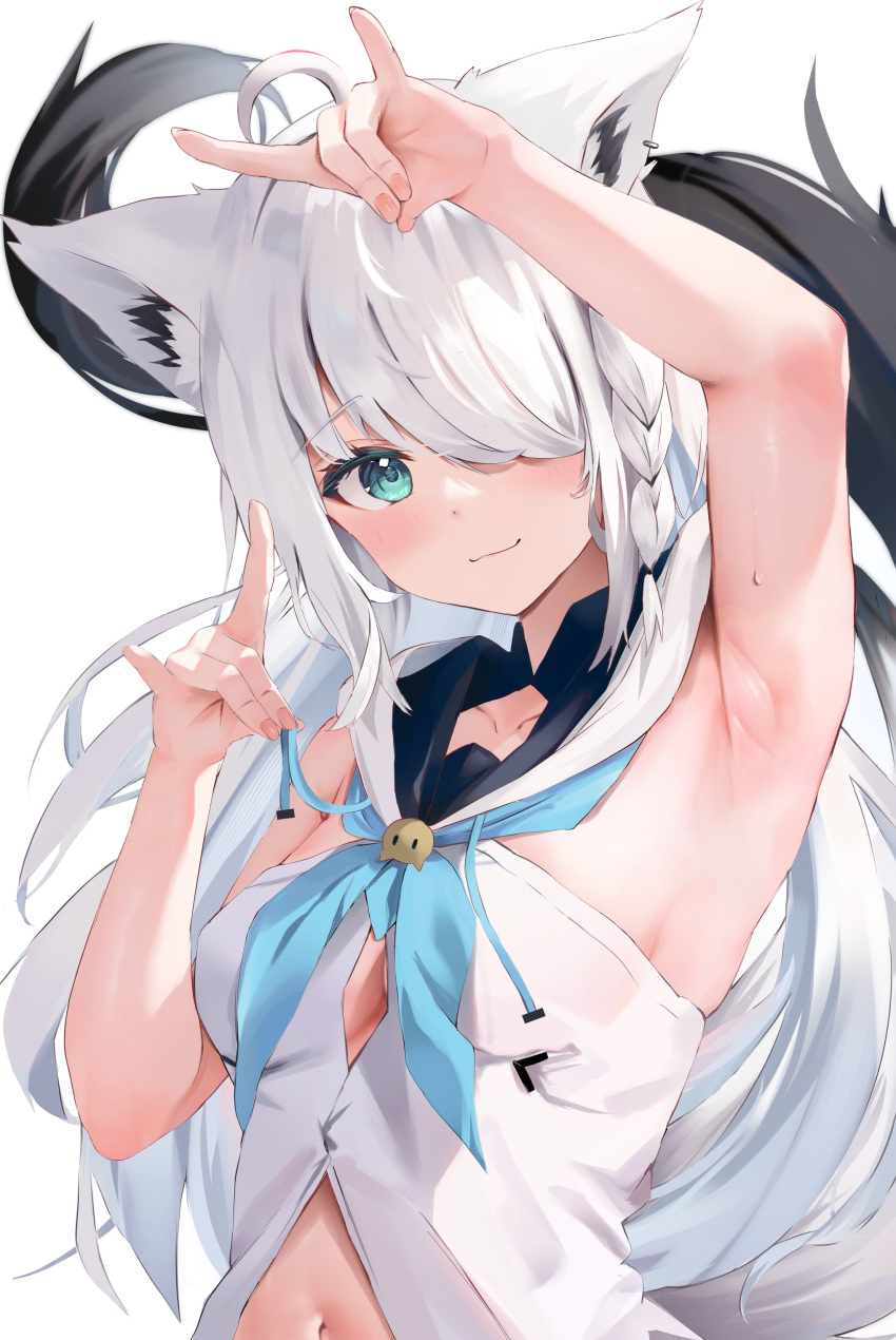 1girl absurdres ahoge animal_ear_fluff animal_ears arm_up armpits blue_neckerchief blush braid breasts collarbone commentary_request double_fox_shadow_puppet earrings fox_ears fox_girl fox_shadow_puppet fox_tail green_eyes hair_between_eyes hair_over_one_eye highres hololive hood hoodie jewelry long_hair looking_at_viewer midriff navel neckerchief shirakami_fubuki shirakami_fubuki_(1st_costume) sidelocks simple_background single_braid sleeveless small_breasts smile solo sweat tail uechin_ewokaku virtual_youtuber white_background white_hair white_hoodie