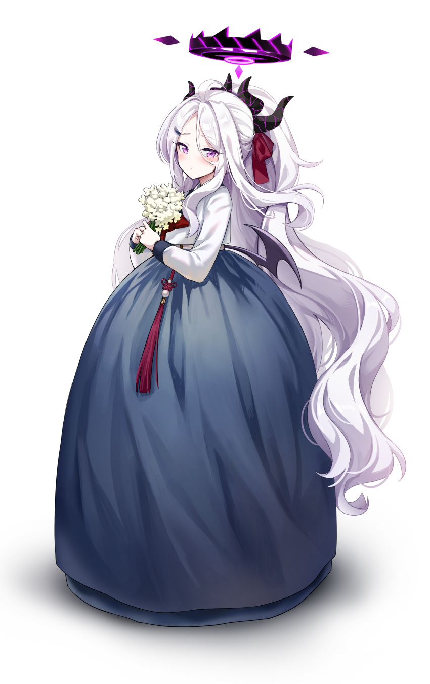 1girl absurdres black_horns black_wings blue_archive blush chima_(clothes) closed_mouth demon_horns demon_wings flower full_body halo hanbok highres hina_(blue_archive) holding horns korean_clothes long_hair long_sleeves looking_at_viewer multiple_horns picter purple_eyes simple_background solo very_long_hair white_background white_flower white_hair wings