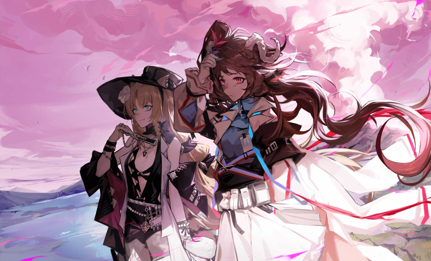 2girls absurdres animal_ear_fluff animal_ears arknights arm_up black_dress black_headwear blue_eyes blue_shirt breasts brown_hair cleavage closed_mouth cloud cloudy_sky dress ears_through_headwear eyjafjalla_(arknights) eyjafjalla_the_hvit_aska_(arknights) folded_fan folding_fan hand_fan highres holding holding_fan horns jacket long_hair long_sleeves medium_breasts multiple_girls parted_bangs puffy_long_sleeves puffy_sleeves qingfeng_canying red_eyes ringlets sheep_ears sheep_girl sheep_horns shirt skirt sky smile striped_tail swire_(arknights) swire_the_elegant_wit_(arknights) tail tiger_ears tiger_girl tiger_tail very_long_hair water white_jacket white_skirt