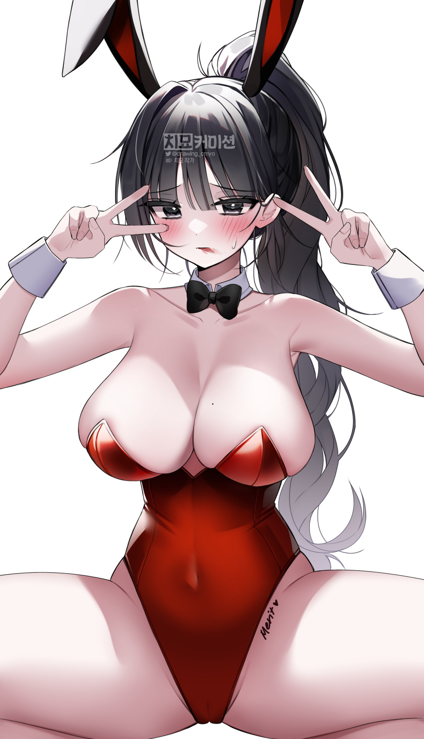 1girl absurdres animal_ears black_bow black_bowtie black_eyes black_hair blush bow bowtie breasts cameltoe chimyo closed_mouth collarbone commission detached_collar dot_nose double_v high_ponytail highleg highleg_leotard highres large_breasts leotard lipstick long_hair makeup mole mole_on_breast original playboy_bunny rabbit_ears red_leotard simple_background smeared_lipstick solo spread_legs squatting strapless strapless_leotard sweat twitter_username v white_background wrist_cuffs