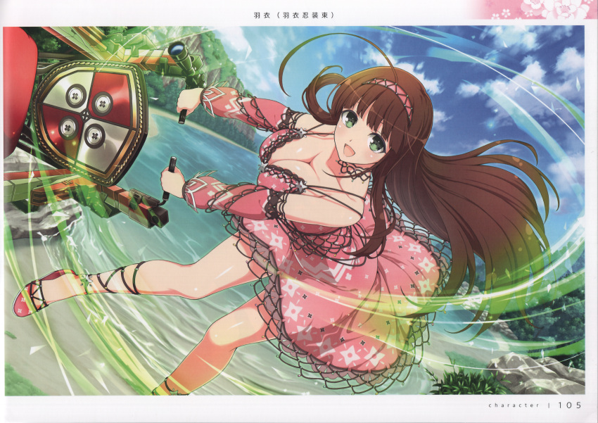 1girl absurdres ahoge bare_shoulders breasts brown_hair cleavage collarbone dress green_eyes highres large_breasts long_hair looking_at_viewer official_art page_number scan senran_kagura senran_kagura_new_link shiny_skin simple_background solo ui_(senran_kagura) yaegashi_nan