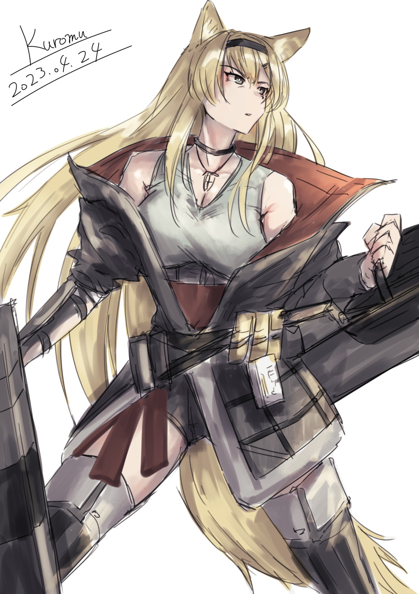 1girl absurdres animal_ears arknights artist_name bare_shoulders black_coat black_collar blonde_hair boots breasts cleavage coat collar collarbone commentary_request crop_top dated feet_out_of_frame green_tank_top grey_eyes grey_footwear grey_hairband hairband highres holding horn_(arknights) kuromu long_hair looking_to_the_side off_shoulder open_clothes open_coat parted_lips serious sidelocks simple_background sketch solo tank_top thigh_boots very_long_hair white_background wolf_ears