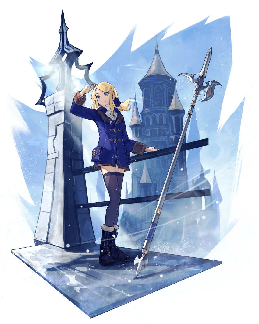 1girl absurdres aito black_footwear black_thighhighs blonde_hair blue_eyes blue_jacket blue_ribbon castle commission fur-trimmed_footwear hair_ribbon highres jacket long_hair long_sleeves original outdoors polearm pouch ribbon skeb_commission smile snow solo standing thighhighs weapon