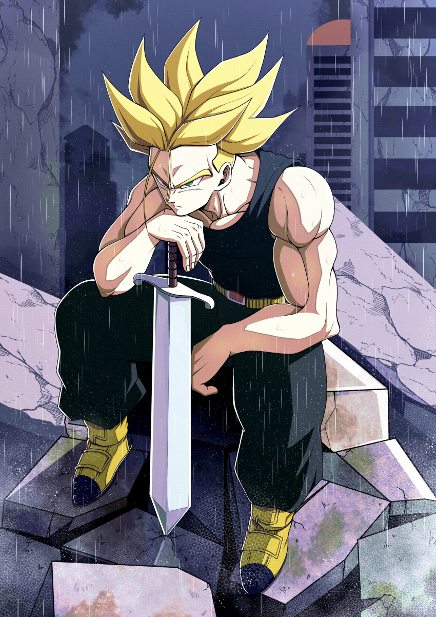1boy absurdres act_(act_1113) belt biceps black_pants black_shirt blonde_hair boots building city closed_mouth collarbone dragon_ball dragon_ball_z frown green_eyes highres male_focus muscular muscular_male outdoors overcast pants pectorals planted planted_sword rain ruins serious shirt sitting sky skyscraper sleeveless sleeveless_shirt solo spiked_hair super_saiyan super_saiyan_1 sword trunks_(dragon_ball) trunks_(future)_(dragon_ball) v-shaped_eyebrows weapon yellow_belt yellow_footwear