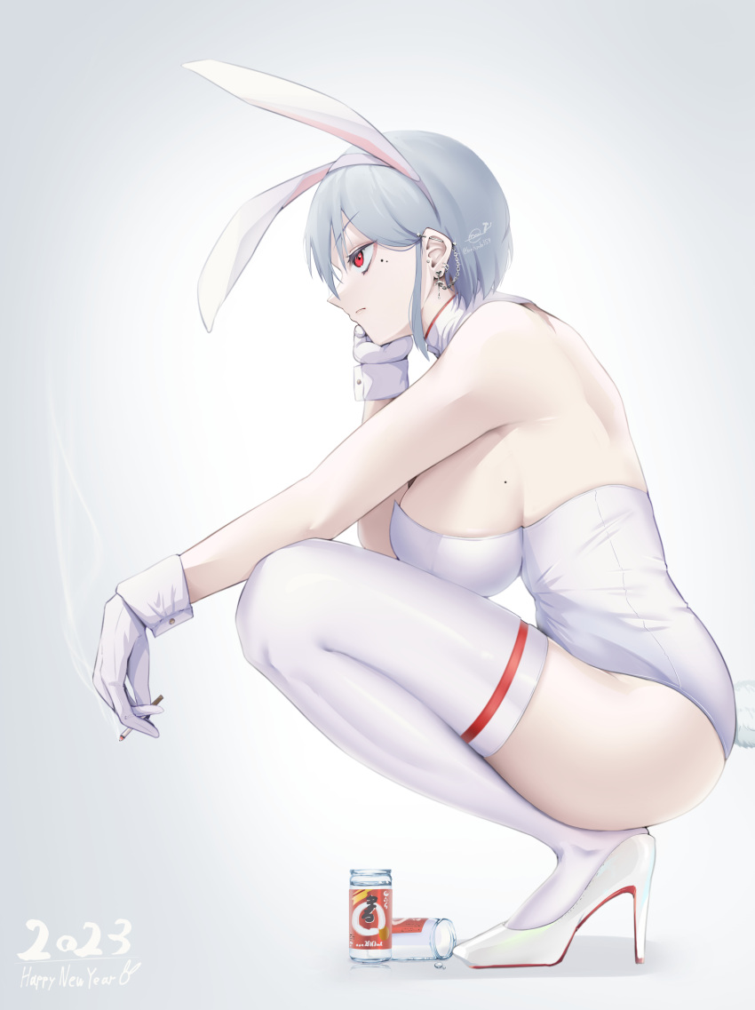 1girl 2023 absurdres animal_ears breasts cigarette detached_collar ear_piercing earrings enryuu_(rmxs3488) fake_animal_ears fake_tail from_side gloves grey_background grey_hair hand_on_own_cheek hand_on_own_face happy_new_year high_heels highres holding holding_cigarette jar jewelry large_breasts leotard original piercing playboy_bunny rabbit_ears rabbit_tail red_eyes shadow short_hair solo squatting tail thighhighs white_footwear white_gloves white_leotard white_thighhighs