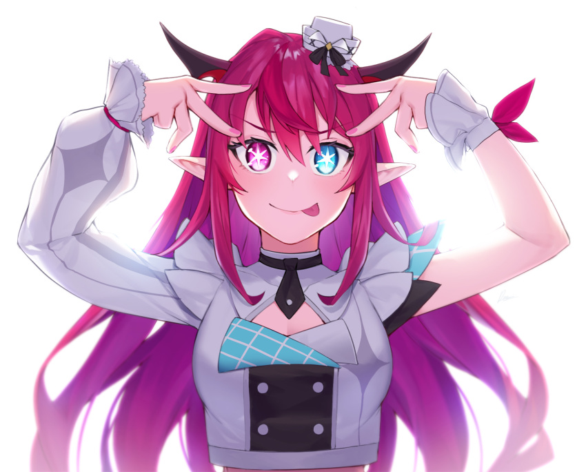 1girl :p arms_up asymmetrical_sleeves blue_eyes breasts buttons cleavage crop_top dasdokter demon_horns double-breasted double_v hat heterochromia highres hololive hololive_english hololive_idol_uniform_(bright) horns idol_clothes irys_(hololive) jacket long_hair looking_at_viewer mini_hat multicolored_hair nail_polish necktie oshi_no_ko pink_eyes pink_nails plaid pointy_ears purple_hair red_hair short_necktie solo star-shaped_pupils star_(symbol) symbol-shaped_pupils tongue tongue_out uneven_sleeves upper_body v very_long_hair virtual_youtuber white_background white_jacket wrist_cuffs