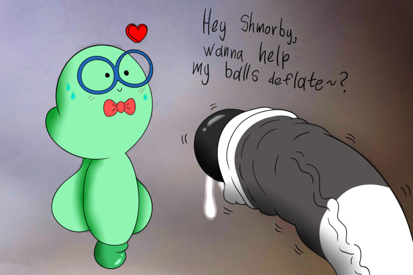 balls big_balls big_penis blush bodily_fluids bow_tie cartoon_network dot_eyes duo english_text erection eyewear genital_fluids genitals gigaboy glasses green_body huge_balls huge_penis male male/male penis precum question_mark shmorby smile text we_bare_bears worm