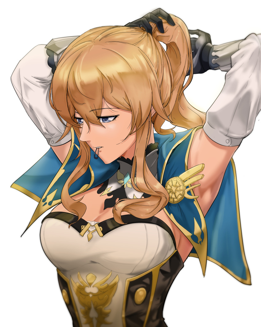 1girl absurdres armpits arms_up bare_shoulders black_gloves blonde_hair blue_capelet blue_eyes breasts capelet cleavage commentary_request detached_sleeves genshin_impact gloves hair_tie_in_mouth highres jean_(genshin_impact) korean_commentary long_hair medium_breasts mouth_hold ponytail shirt simple_background solo strapless strapless_shirt upper_body wg_(dotori287) white_background white_shirt