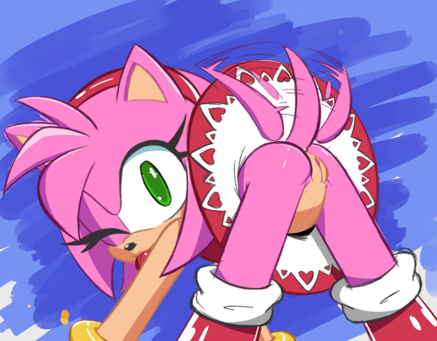 2023 amy_rose anus bent_over bottomless butt clothed clothing eulipotyphlan female genitals hedgehog hi_res looking_at_viewer mammal nude one_eye_closed pink_body pussy sega smile solo sonic_the_hedgehog_(series) tongue tongue_out wink zennyc