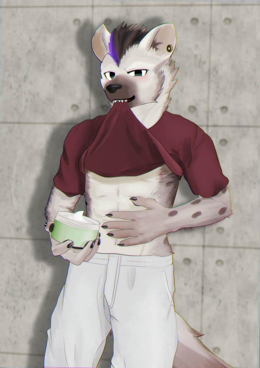 2022 5_fingers anthro arknights black_body black_fur black_hair blue_hair bottomwear clothing fingers fur grey_body grey_fur hair hi_res holding_jar hyena hypergryph iola_2nd looking_at_viewer male mammal pants personal_grooming shirt_up solo spot_(arknights) spots spotted_body spotted_fur spotted_hyena studio_montagne tail white_body white_bottomwear white_clothing white_fur white_pants