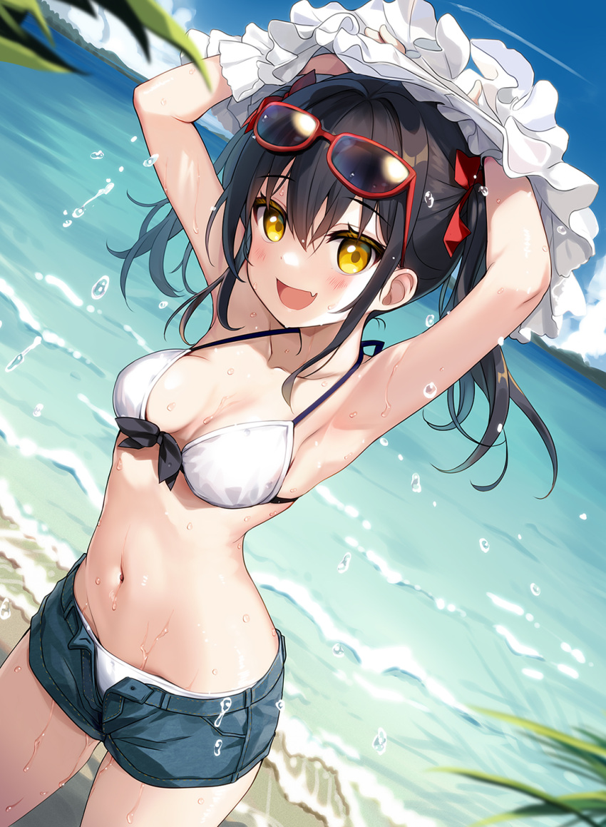 1girl armpits arms_up bare_arms bare_shoulders beach bikini black_hair blue_shorts breasts breasts_apart cowboy_shot day denim denim_shorts dutch_angle eyewear_on_head fang front-tie_bikini_top front-tie_top halterneck highres long_hair looking_at_viewer medium_breasts minamura_haruki navel open_fly open_mouth original outdoors red-framed_eyewear short_shorts shorts sidelocks smile solo standing stomach string_bikini sunglasses swimsuit thighs twintails undressing wet white_bikini yellow_eyes