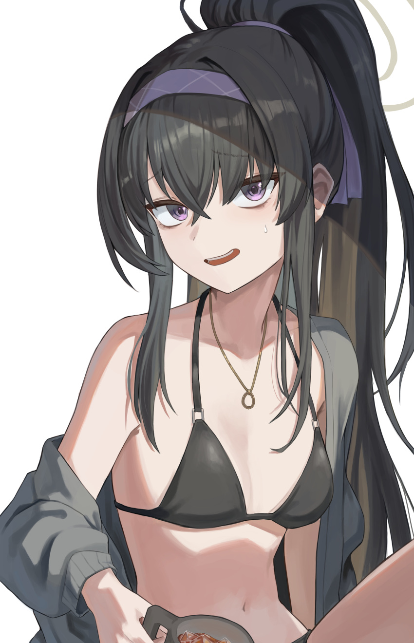 1girl absurdres bikini black_bikini black_hair blue_archive cup flat_chest gold_necklace grey_hair grey_jacket hairband highres holding holding_cup jacket jewelry jw_(wrdawrda) looking_at_viewer necklace no_eyewear official_alternate_costume official_alternate_hairstyle open_mouth purple_eyes purple_hairband simple_background solo swimsuit ui_(blue_archive) ui_(swimsuit)_(blue_archive) upper_body white_background