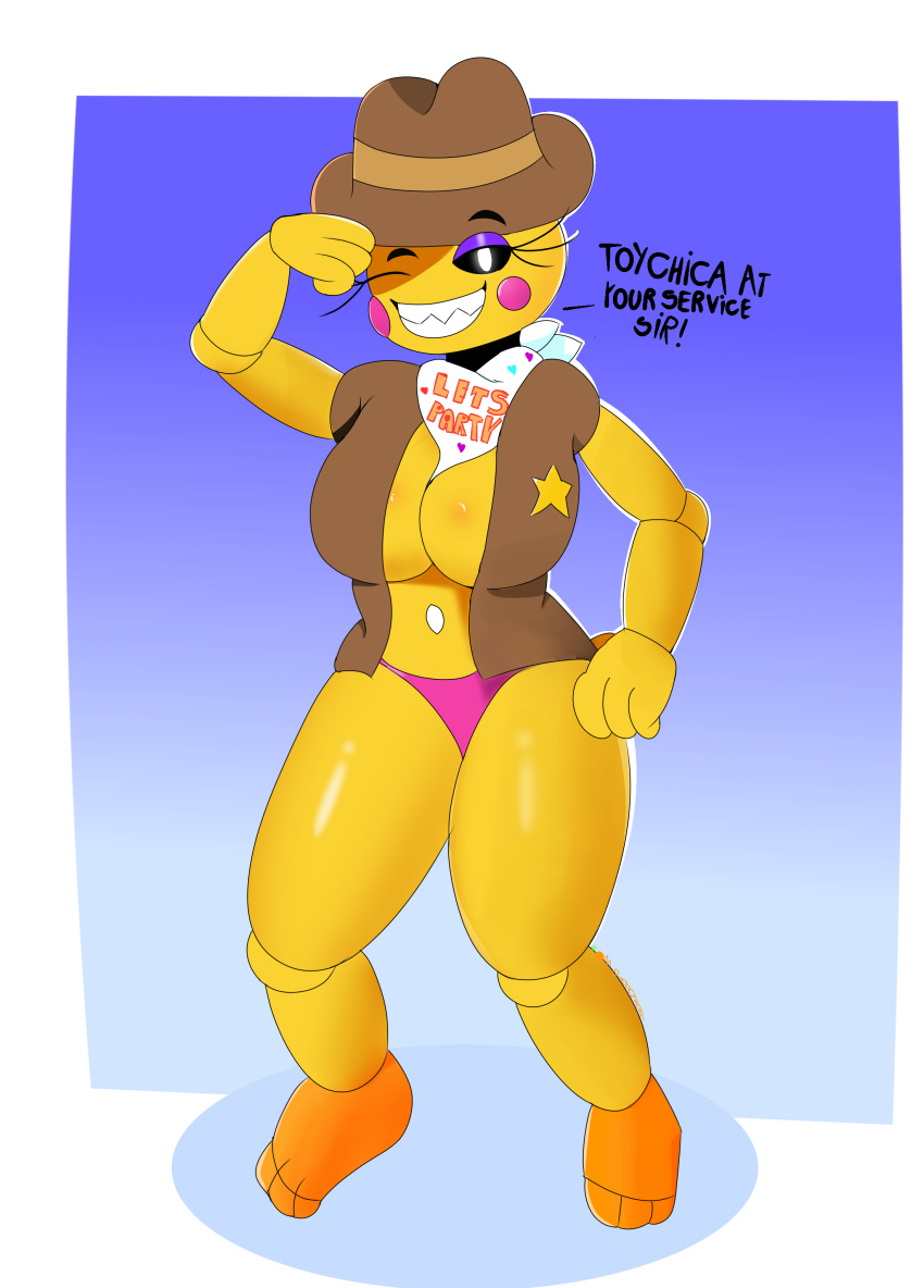 absurd_res animatronic anthro black_eyes black_text chica_(fnaf) clothing costume female five_nights_at_freddy's five_nights_at_freddy's_2 hi_res laranxart machine orange_feet portrait robot scottgames sheriff simple_background solo text three-quarter_portrait toy_chica_(fnaf) wild_west yellow_body