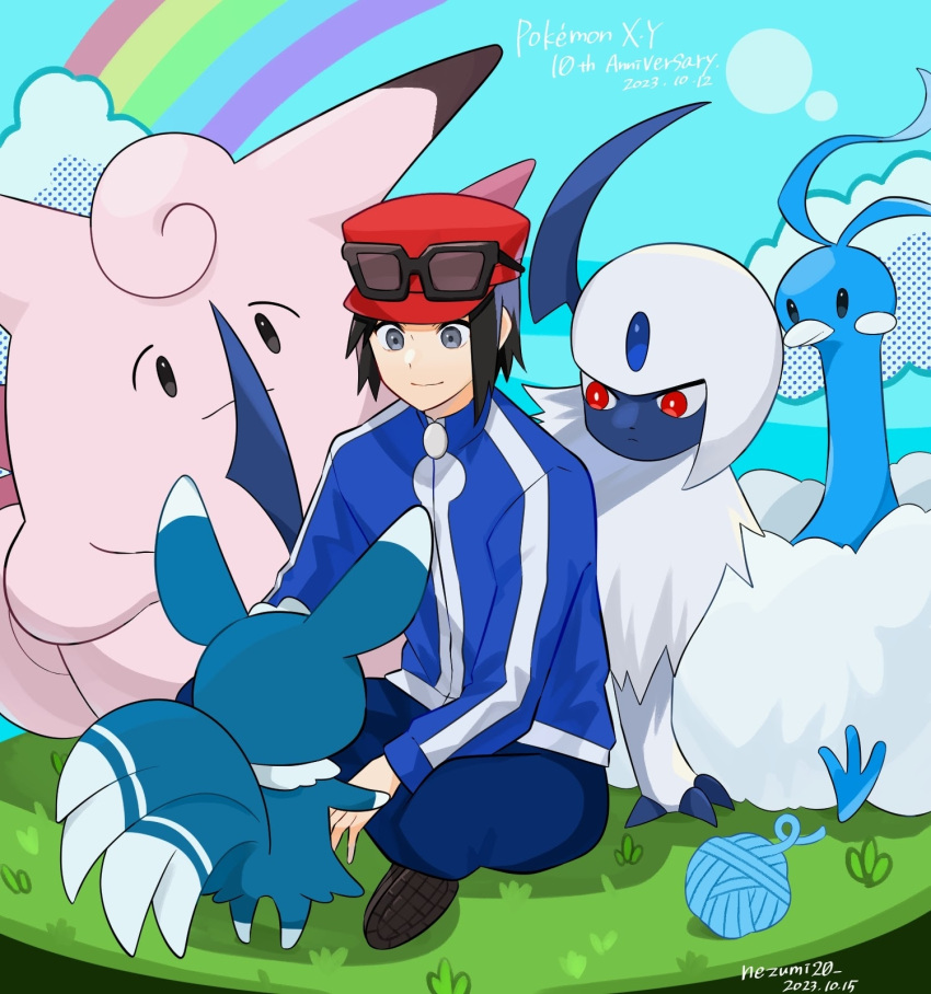 1boy absol altaria anniversary blue_jacket blue_pants calem_(pokemon) clefable closed_mouth commentary_request copyright_name dated eyewear_on_headwear genjitsu_o_miro grass grey_eyes hat highres jacket long_sleeves male_focus meowstic pants pokemon pokemon_(creature) pokemon_(game) pokemon_xy red_headwear shoe_soles shoes short_hair sitting sunglasses yarn yarn_ball zipper_pull_tab