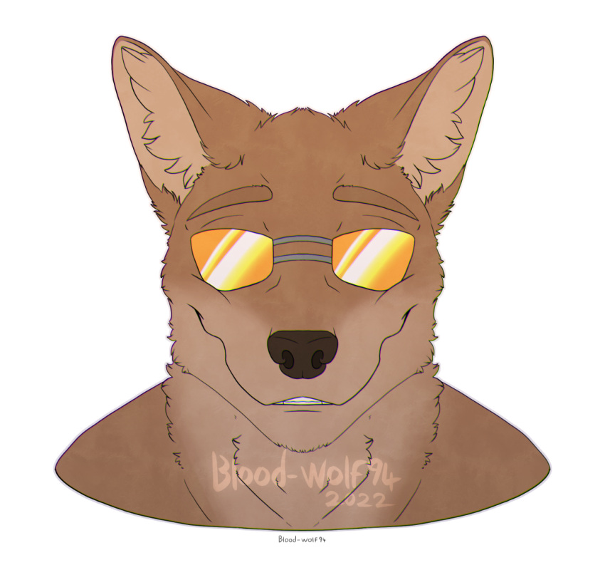 2022 alpha_channel anthro black_nose blood-wolf94 brown_body brown_fur brown_tuft canid canine canis colored countershade_face countershading coyote dated digital_media_(artwork) eyebrows eyewear front_view fur glistening glistening_eyewear glistening_sunglasses headshot_portrait inner_ear_fluff male mammal orange_eyewear orange_sunglasses orthographic_projection outline portrait scp-2547-1 scp_foundation signature simple_background smile solo sunglasses transparent_background tuft watermark white_outline