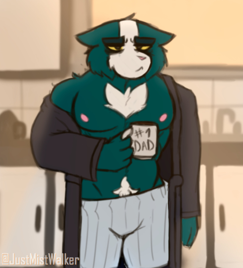 absurd_res anthro avocato blue_body blue_fur body_hair chest_tuft clothing crotch_tuft domestic_cat felid feline felis final_space fur happy_trail hi_res male mammal markings morning mug pajamas robe solo the_mist_walker tired tired_eyes tuft ventrexian white_markings