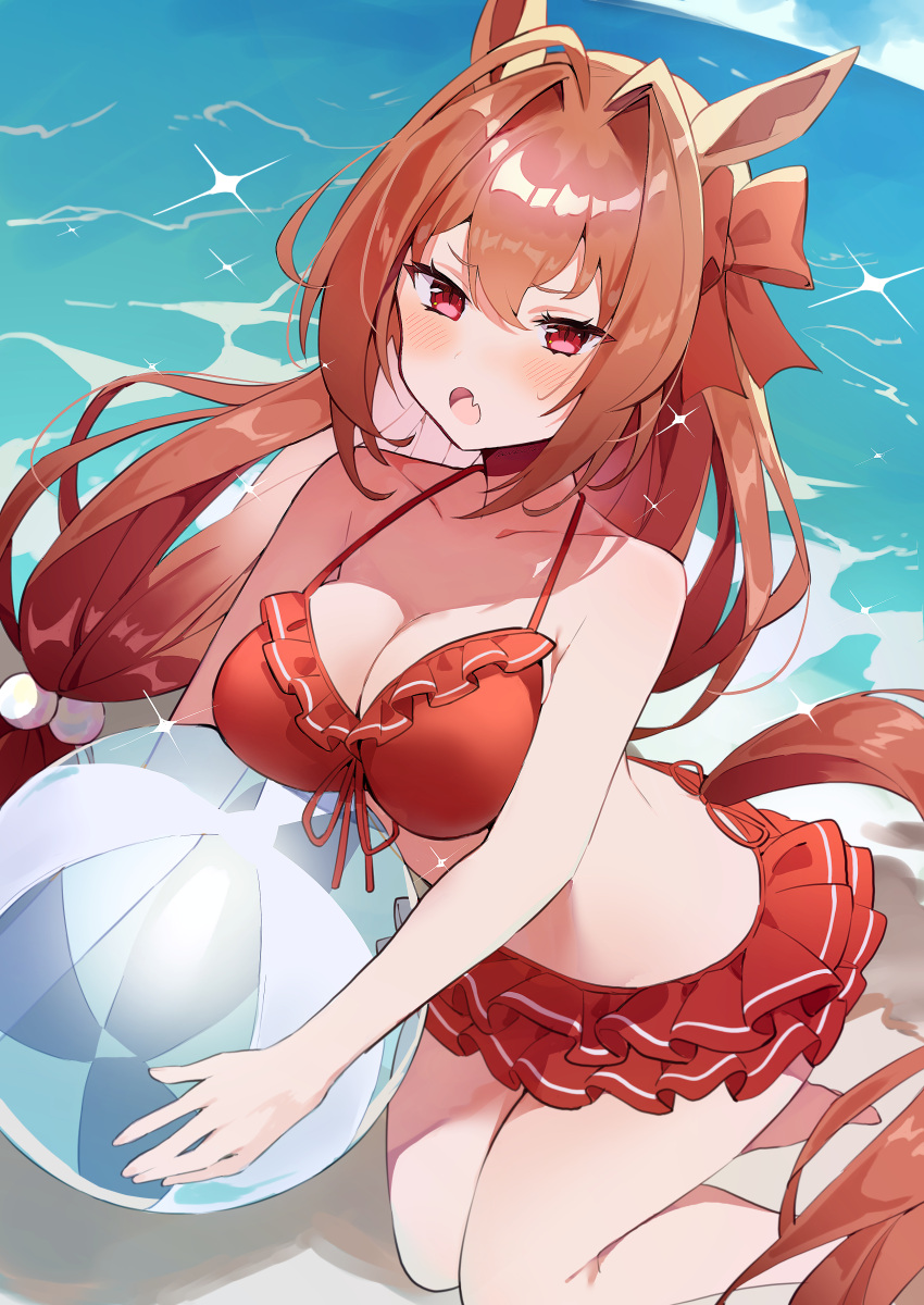 1girl absurdres animal_ears antenna_hair ball beachball bikini blush bow breasts cleavage collarbone commentary_request daiwa_scarlet_(trifle_vacation)_(umamusume) daiwa_scarlet_(umamusume) fang frilled_bikini frills hair_bow hair_intakes highres holding holding_ball holding_beachball horse_ears horse_girl horse_tail large_breasts long_hair looking_at_viewer official_alternate_costume open_mouth ponytail pool poolside red_bikini red_bow red_eyes red_hair skin_fang solo swimsuit tail umamusume umamusume_summer_story_(umamusume) usukawa_(uskw_sr) very_long_hair