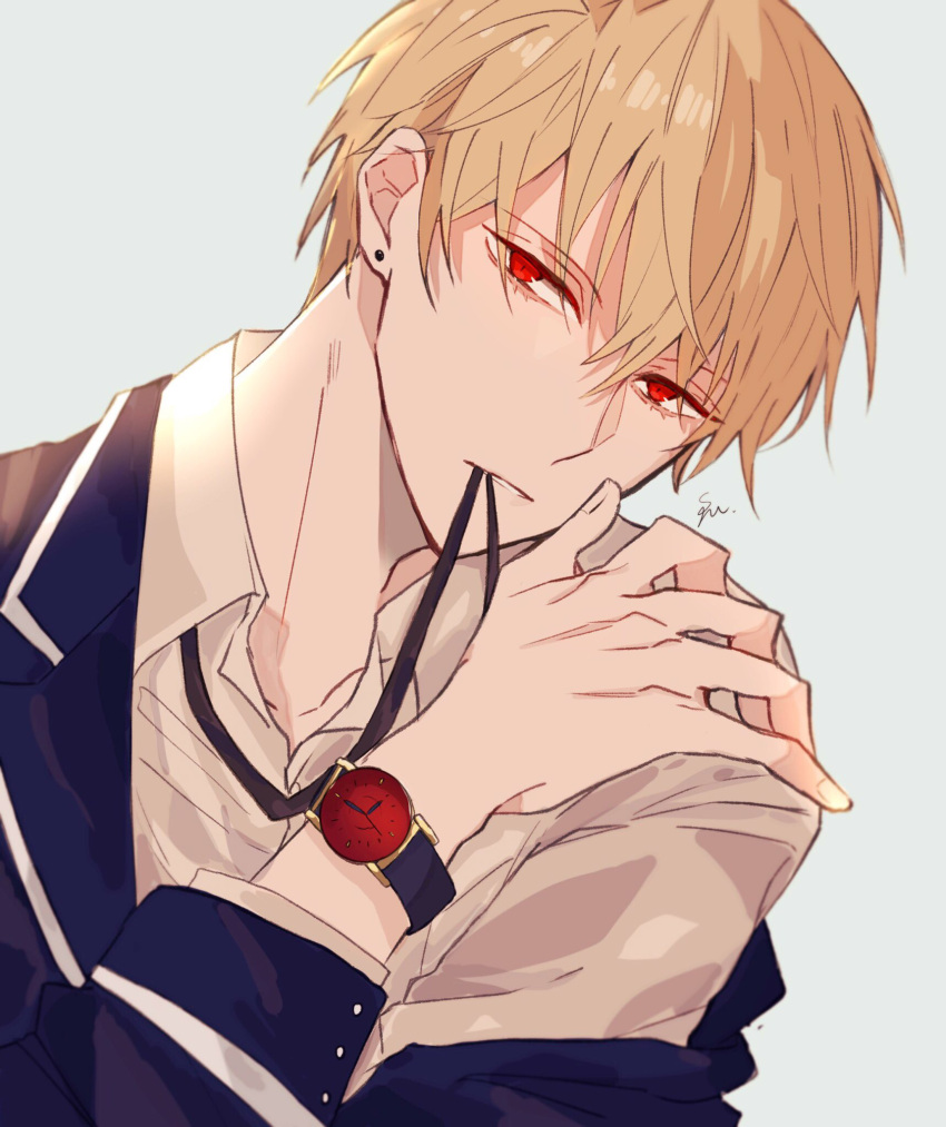 1boy biting blonde_hair collared_shirt commentary_request earrings fate/grand_order fate_(series) gilgamesh_(fate) hand_up highres jewelry lapels long_sleeves looking_at_viewer male_focus notched_lapels red_eyes shirt short_hair shu_(oshigoto_boshuuchuu) signature simple_background solo teeth upper_body watch white_shirt wristwatch