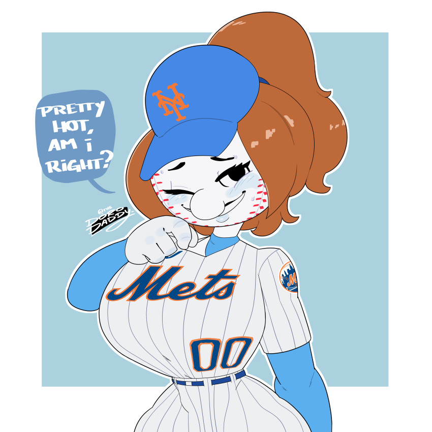 1:1 2023 absurd_res ball baseball_(ball) baseball_cap baseball_uniform big_breasts breasts brown_hair clothing dialogue english_text female for_a_head hair hat headgear headwear hi_res huge_breasts humanoid mlb mrs._met new_york_mets not_furry object_head one_eye_closed solo sportswear text thedorodaddy uniform