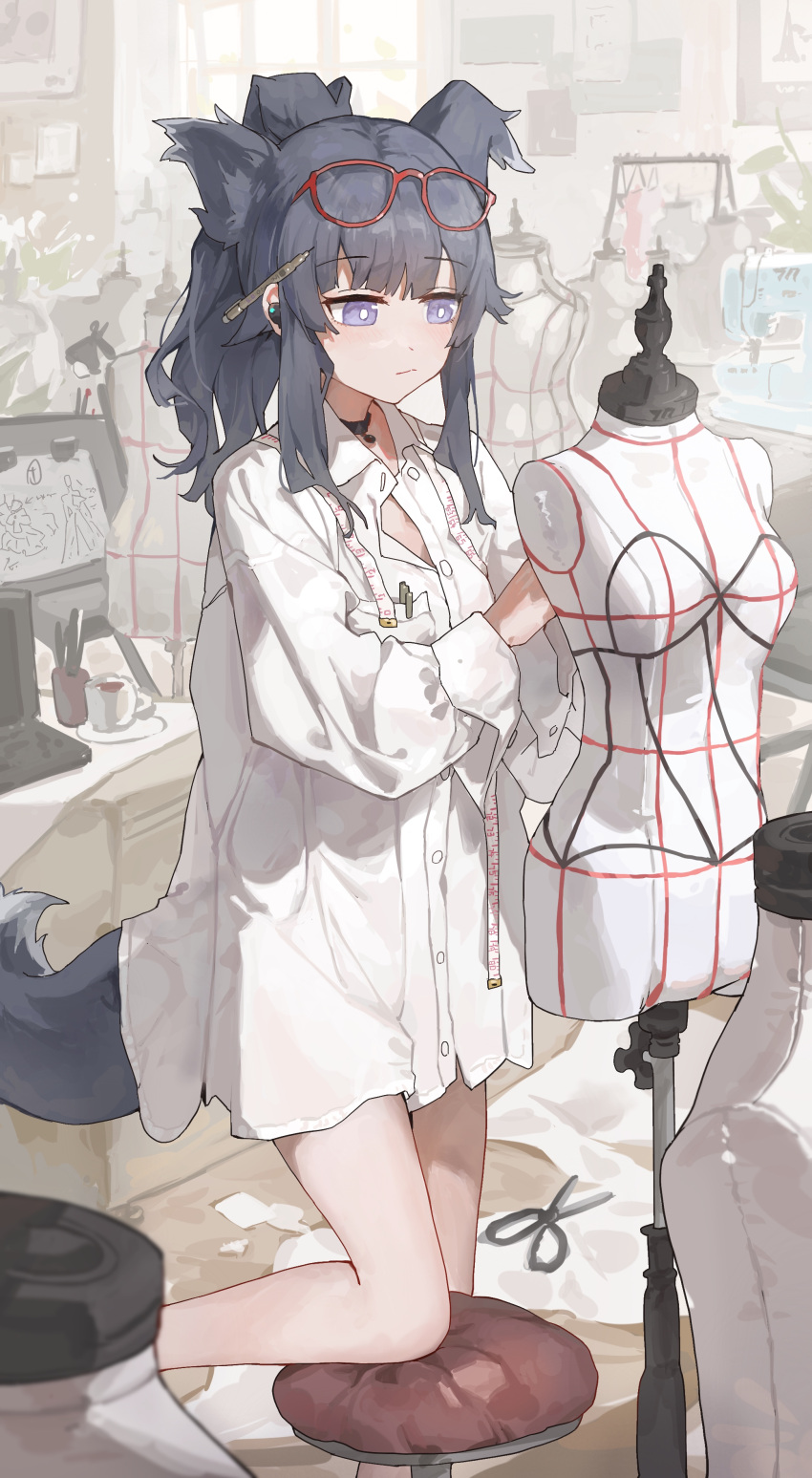 1girl absurdres alternate_costume animal_ears black_hair blue_archive blush breasts closed_mouth dress_shirt eyewear_on_head glasses hair_between_eyes hair_ornament hibiki_(blue_archive) highres indoors long_hair long_sleeves mannequin pen ponytail purple_eyes scissors sentter sewing_machine shirt solo tailor tape_measure thighs