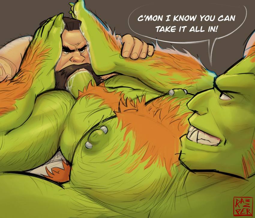 abs armpit_hair beard big_muscles big_nipples big_pecs big_penis blanka bodily_fluids body_hair brown_hair capcom chest_hair cum cum_in_mouth cum_inside cum_on_face cum_on_feet cumshot dominant dominant_humanoid dominant_male duo ejaculation english_text erection eye_contact facial_hair feet foot_fetish foot_on_head foot_play genital_fluids genitals green_body grin hair hairy hairy_feet hairy_legs happy_trail hi_res human human_on_humanoid human_penetrated humanoid humanoid_feet humanoid_penetrating humanoid_penetrating_human interspecies leg_hair looking_at_another looking_pleasured male male/male mammal mohawk muscular muscular_human muscular_humanoid muscular_male nipple_piercing nipples nude oral oral_penetration orange_hair pecs penetration penis piercing plantigrade pubs razzper sex sideburns signature smile street_fighter submissive submissive_human submissive_male text zangief