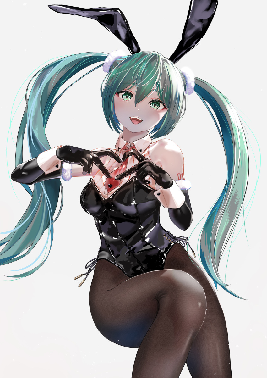 1girl absurdres alternate_costume animal_ears aqua_eyes aqua_hair bare_shoulders black_gloves black_pantyhose detached_sleeves elbow_gloves feet_out_of_frame finger_heart fishnet_pantyhose fishnets gloves grey_background hatsune_miku highres hxk4_n leotard long_hair looking_at_viewer necktie open_mouth pantyhose playboy_bunny rabbit_ears red_necktie ribbon simple_background solo strapless strapless_leotard twintails very_long_hair vocaloid wrist_cuffs