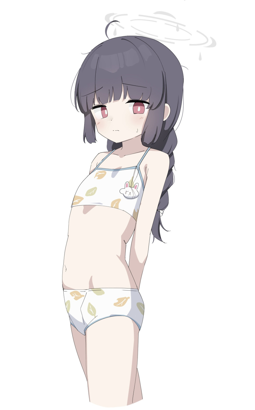 1girl absurdres ahoge arms_behind_back arsyky14 bikini black_hair blue_archive blush braid bright_pupils flat_chest halo highres long_hair miyu_(blue_archive) miyu_(swimsuit)_(blue_archive) navel red_eyes solo sweatdrop swimsuit twin_braids white_bikini white_pupils