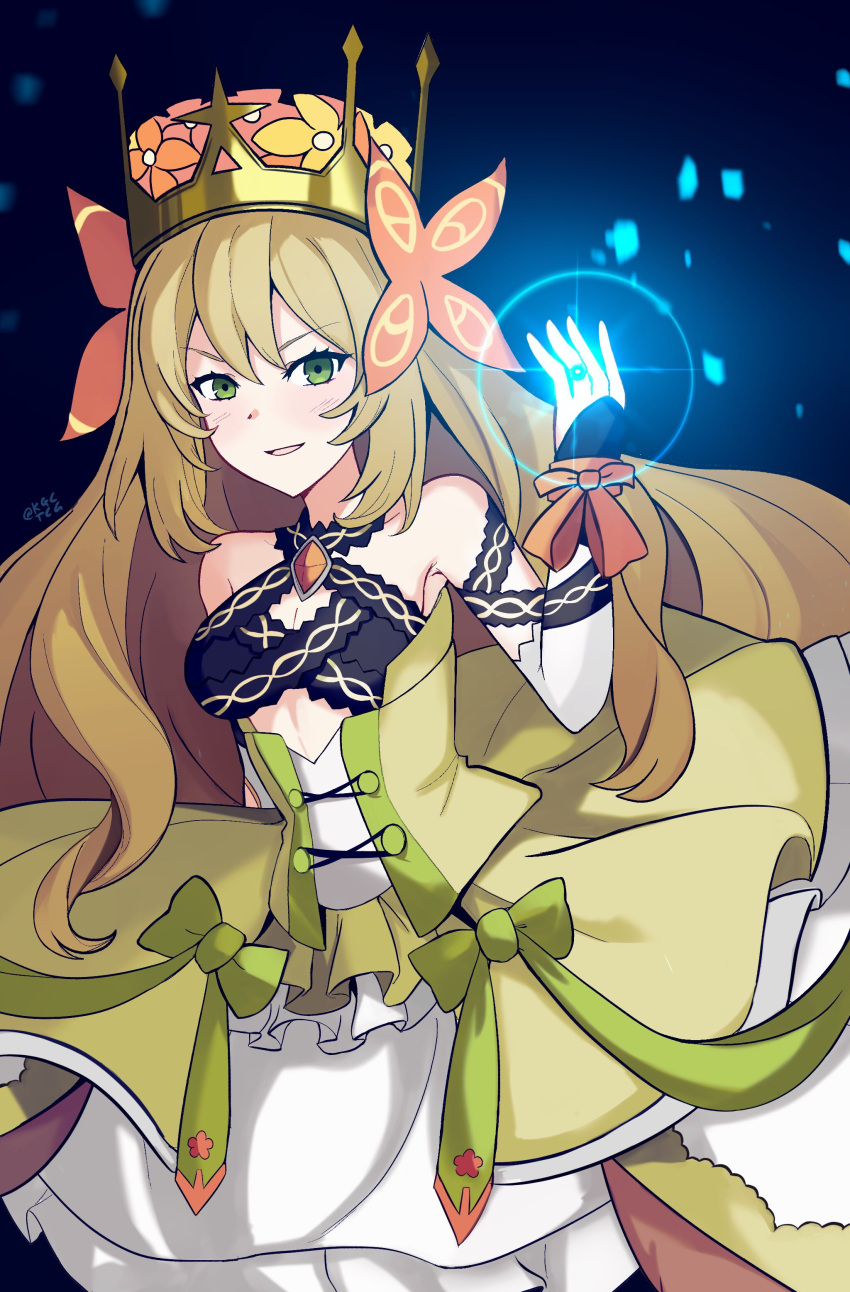 1girl absurdres bare_shoulders blonde_hair bow breasts butterfly_hair_ornament celine_(fire_emblem) cleavage crown detached_sleeves dress dress_bow fire_emblem fire_emblem_engage flower glowing_finger green_bow green_eyes hair_flower hair_ornament highres jewelry kgctcg long_hair looking_at_viewer open_mouth orange_bow ring smile solo twitter_username very_long_hair wrist_bow yellow_dress