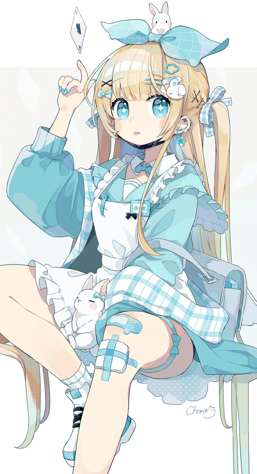 +_+ 1girl :p absurdres animal apron arm_up backpack bag bandages bandaid bandaid_on_leg blonde_hair blue_bow blue_dress blue_eyes blue_nails blunt_bangs blush blush_stickers bow bowtie card chon_(chon33v) dress ear_piercing earrings fingernails frilled_apron frills hair_bow hair_ornament hair_ribbon hairclip hairpin hand_up heart heart-shaped_pupils highres jewelry long_hair long_sleeves looking_at_viewer mask mouth_mask nail_polish original piercing playing_card rabbit rabbit_hair_ornament ribbon sailor_collar shoes sidelocks signature simple_background sitting socks solo symbol-shaped_pupils thigh_strap tongue tongue_out two_side_up very_long_hair white_apron white_background white_footwear white_socks x_hair_ornament