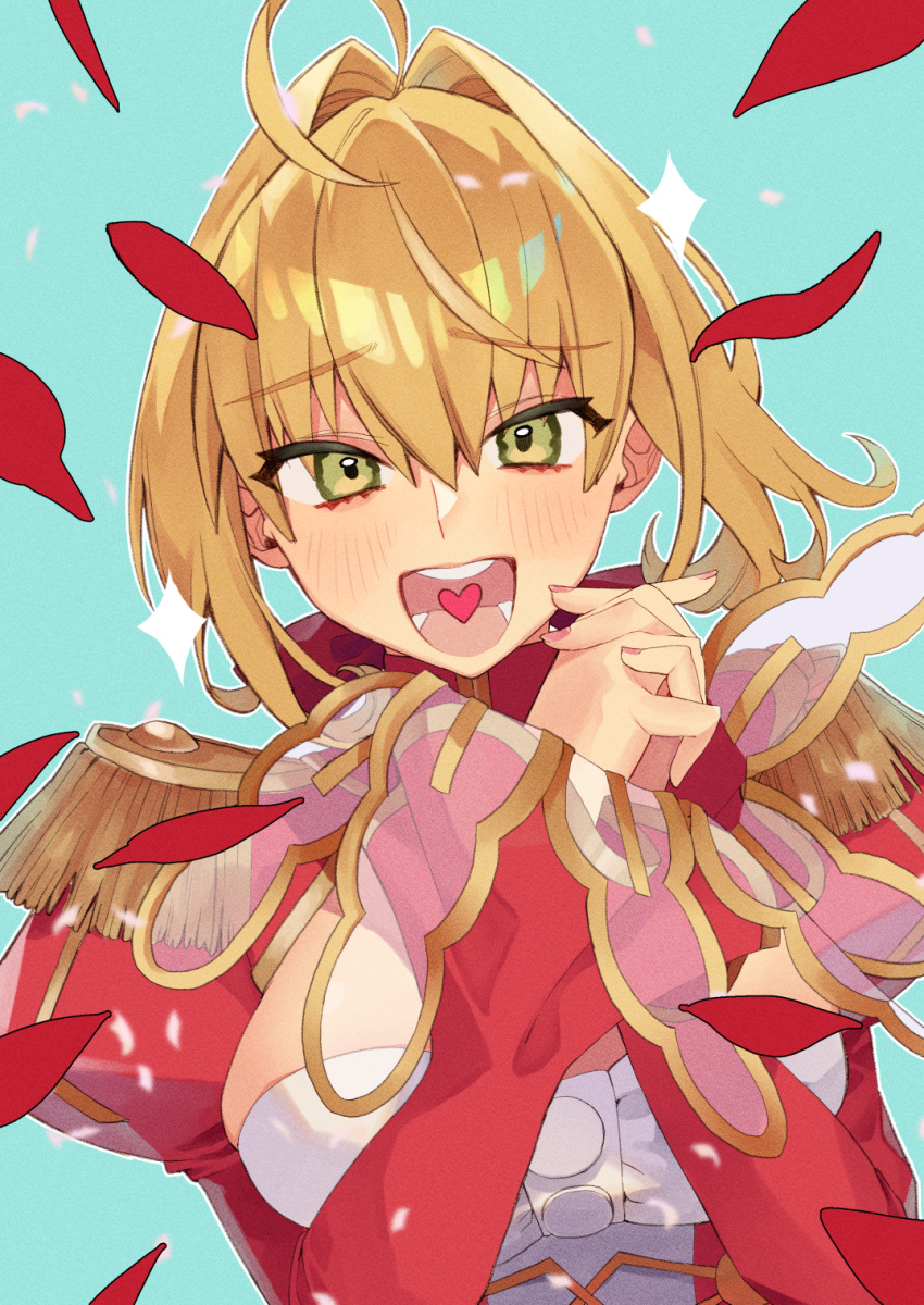 1girl ahoge blonde_hair blush breasts buttons cleavage fate/grand_order fate_(series) green_eyes heart heart_in_mouth highres juliet_sleeves kujiraoka large_breasts long_sleeves looking_at_viewer nero_claudius_(fate) own_hands_clasped own_hands_together petals puffy_sleeves shoulder_pads solo sparkle upper_body