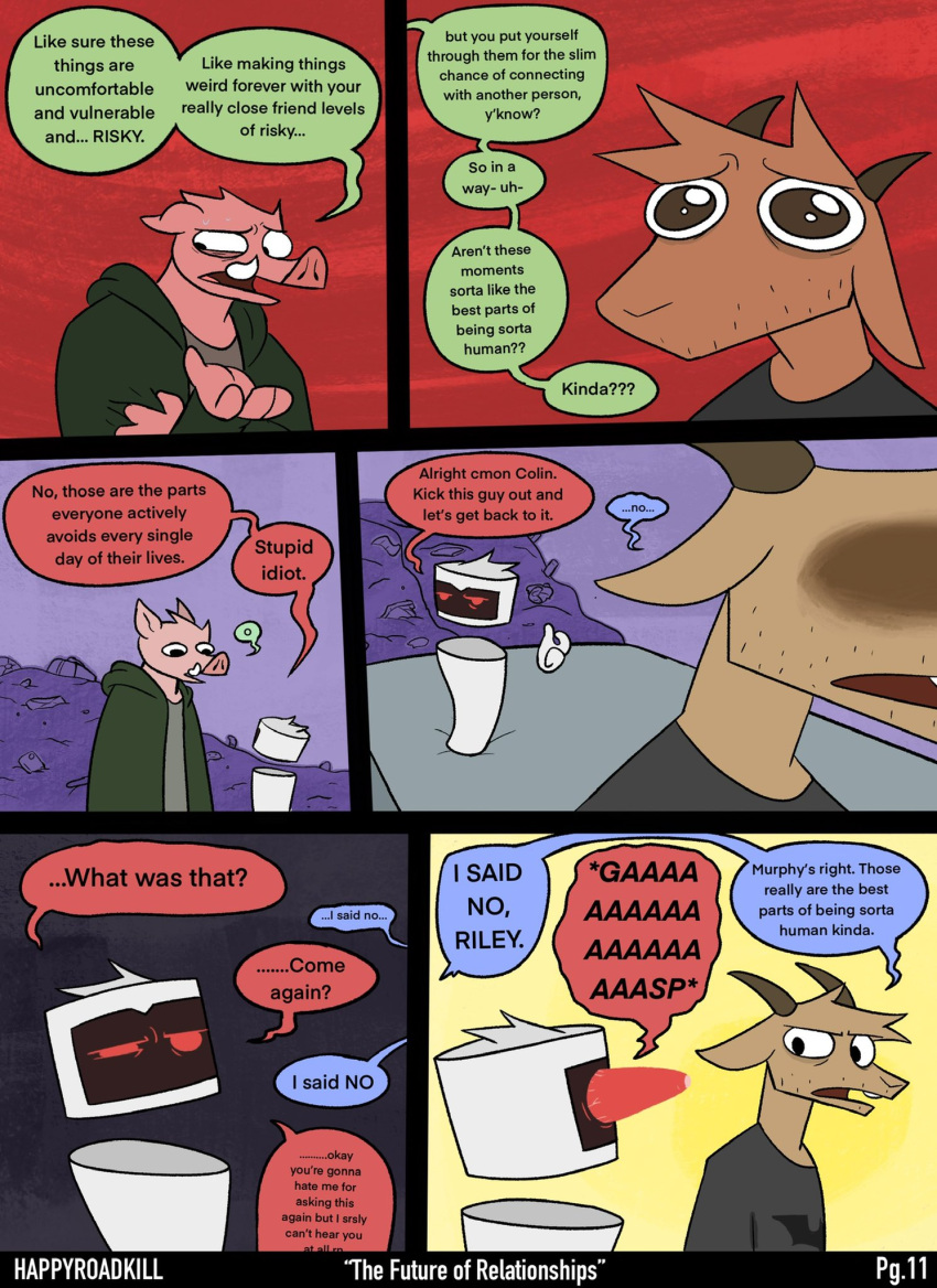 6_panel_comic anthro black_background bovid brown_body brown_fur bulging_eyes caprine clothing curved_horn dialogue domestic_pig english_text fur goat group half-closed_eyes happyroadkill hi_res hoodie horn machine male mammal messy_room narrowed_eyes open_mouth pink_body pink_skin purple_background red_background robot shirt simple_background speech_bubble stubble suid suina sus_(pig) t-shirt text topwear trio tusks yellow_background