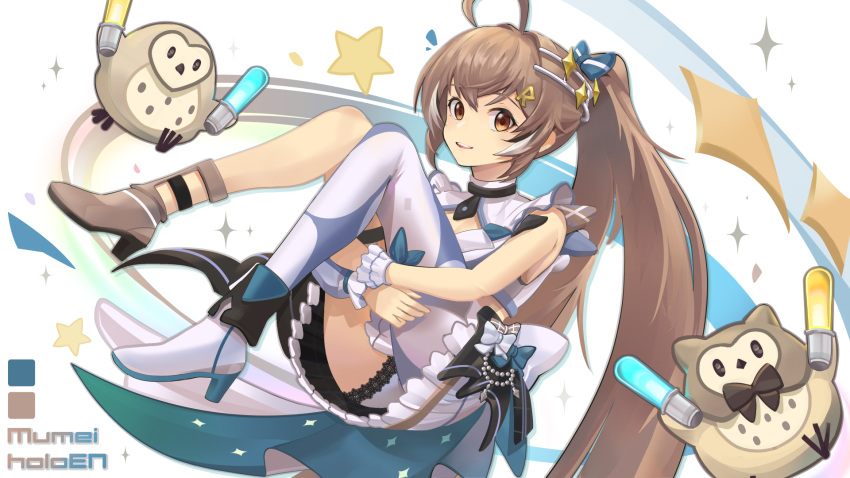 1girl ahoge asymmetrical_footwear asymmetrical_sleeves boots bow brown_eyes brown_hair cleavage_cutout clothing_cutout crop_top feather_hair_ornament feathers glowstick hair_ornament hairclip highres hololive hololive_english hololive_idol_uniform hololive_idol_uniform_(bright) hooman_(nanashi_mumei) hugging_own_legs long_hair looking_at_viewer mismatched_footwear multicolored_hair nanashi_mumei naomi_(naomiart) official_alternate_costume pantyhose penlight plaid plaid_skirt pleated_skirt ponytail print_pantyhose runes single_boot single_leg_pantyhose skirt smile star_(symbol) strappy_heels streaked_hair teeth uneven_sleeves upper_teeth_only very_long_hair virtual_youtuber white_footwear white_pantyhose white_skirt