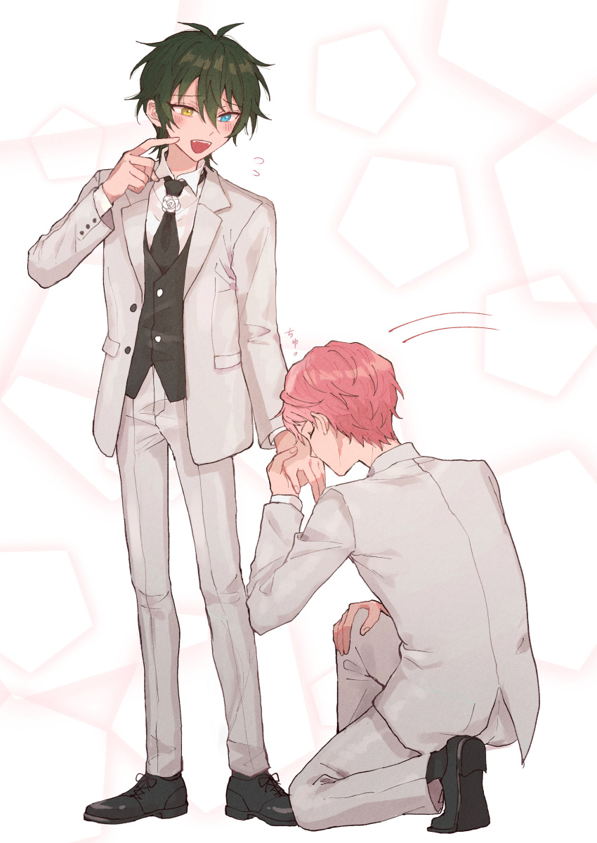 2boys absurdres aqua_eyes black_footwear black_necktie black_vest blazer blush buttons closed_eyes commentary_request ensemble_stars! flower full_body green_hair grey_jacket grey_pants hair_between_eyes hand_grab hand_on_own_knee hexagon highres index_finger_raised itsuki_shu jacket kagehira_mika kiss kissing_hand lapels long_sleeves looking_at_another male_focus multiple_boys necktie notched_lapels on_one_knee open_clothes open_jacket open_mouth pants pink_hair short_hair teeth upper_teeth_only valkyrie_(ensemble_stars!) vest wednesday_108 white_flower yaoi yellow_eyes