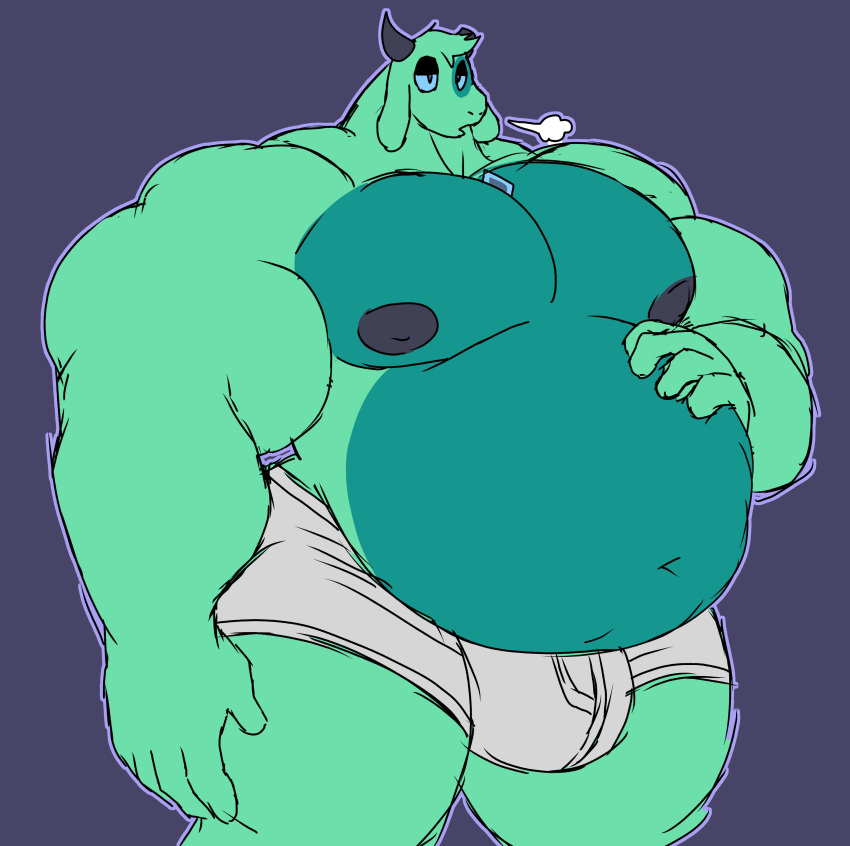 absurd_res anthro big_muscles big_pecs black_nipples blue_eyes bovid bulge caprine clothing fur goat green_body green_fur hand_on_stomach hi_res horn huge_belly huge_muscles hyper hyper_muscles male mammal multicolored_body multicolored_fur musclegut muscular muscular_anthro muscular_arms muscular_legs muscular_male muscular_thighs navel nipples parttimeyeen_(artist) pecs solo underwear white_clothing white_underwear