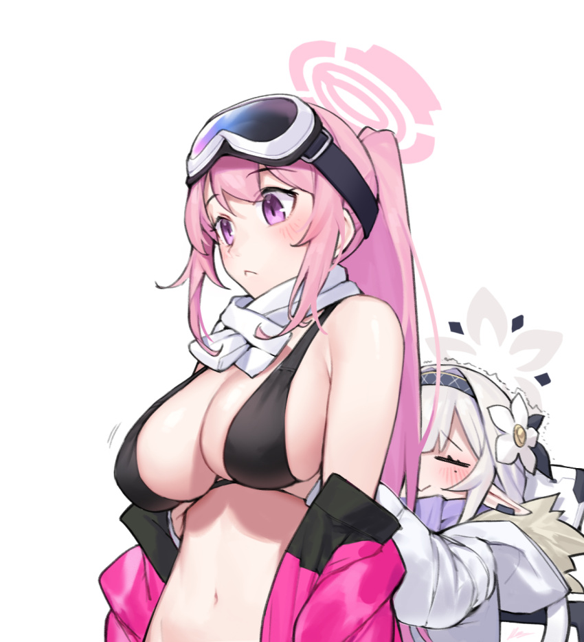 2girls bare_shoulders bikini black_bikini blue_archive blush breasts dasdokter eimi_(blue_archive) eimi_(swimsuit)_(blue_archive) flower goggles goggles_on_head grabbing grabbing_another's_breast hair_flower hair_ornament hairband halo highres himari_(blue_archive) jacket large_breasts long_hair mole mole_under_eye multiple_girls navel official_alternate_costume open_clothes open_jacket pink_eyes pink_hair pink_jacket pointy_ears ponytail simple_background ski_goggles swimsuit white_background white_hair