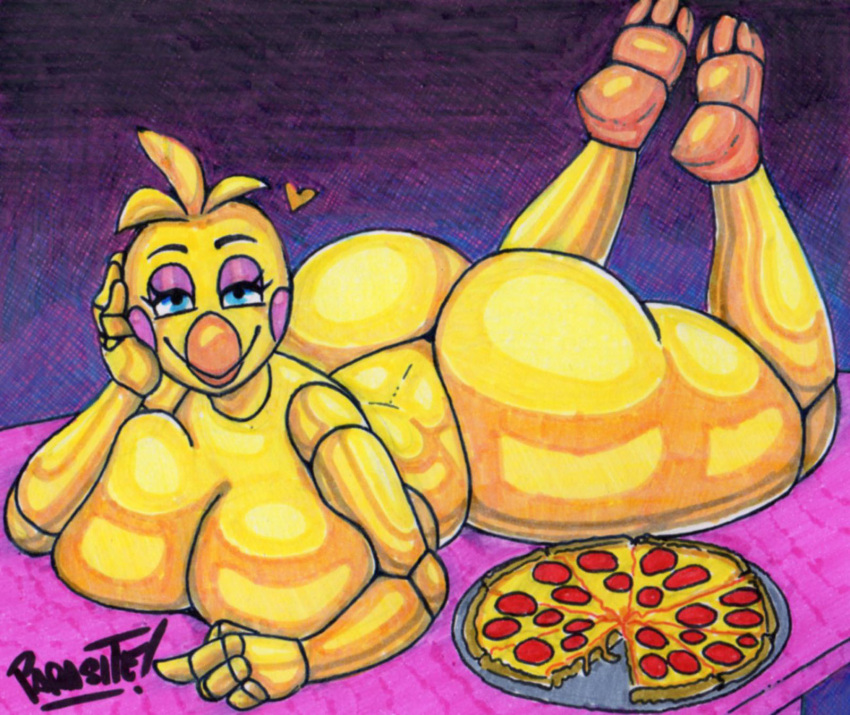 &lt;3 anthro avian beak bedroom_eyes big_breasts big_butt bird blue_eyes breasts butt chicken female five_nights_at_freddy's five_nights_at_freddy's_2 food galliform gallus_(genus) hi_res huge_breasts huge_butt looking_at_viewer lying narrowed_eyes non-mammal_breasts nude on_front parasitedeath phasianid pizza scottgames seductive smile solo thick_thighs toy_chica_(fnaf) yellow_body