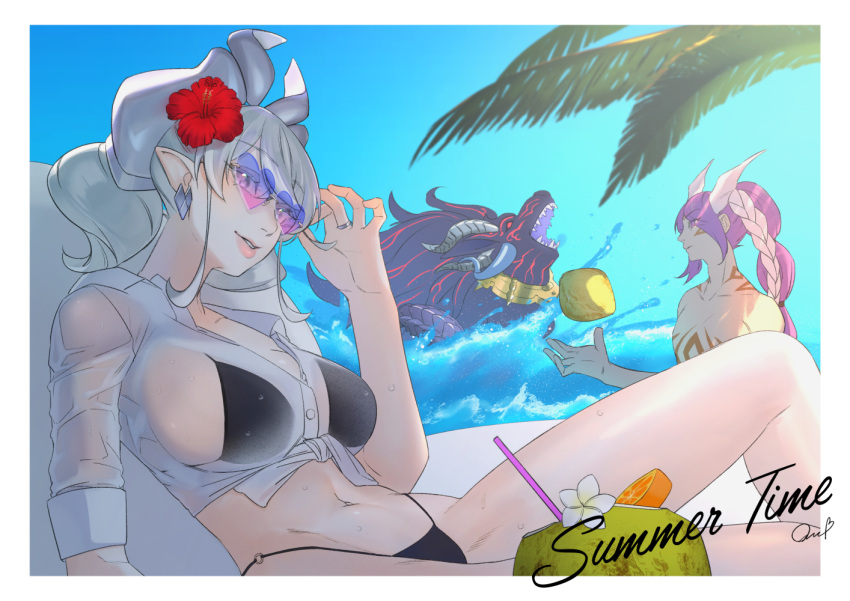 1boy 1girl 1other abominable_unchained_soul adjusting_eyewear bikini black_bikini breasts cleavage coconut demon_girl demon_horns duel_monster flower grey_eyes grey_hair hair_flower hair_ornament heart heart-shaped_eyewear horns large_breasts looking_at_viewer lovely_labrynth_of_the_silver_castle ocean palm_tree pointy_ears quo_(haizaraq) smile swimsuit translucent tree twintails unchained_abomination white_hair white_horns yu-gi-oh!