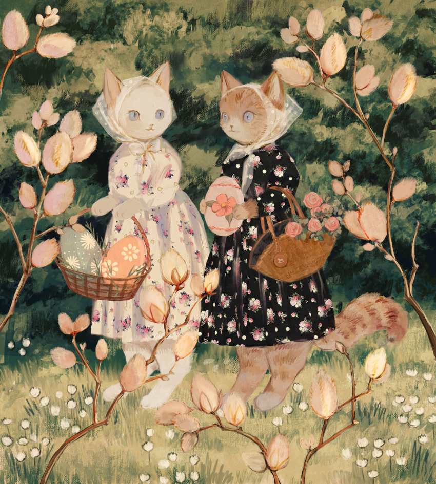 2girls barefoot basket black_dress blue_eyes bow branch bud cat collaboration dress easter easter_egg egg floral_print flower forest furry highres holding holding_basket holding_egg kerchief long_sleeves looking_at_another multiple_girls nature on_grass original outdoors pink_flower pink_rose rose smile tono_(rt0no) white_bow white_dress white_flower