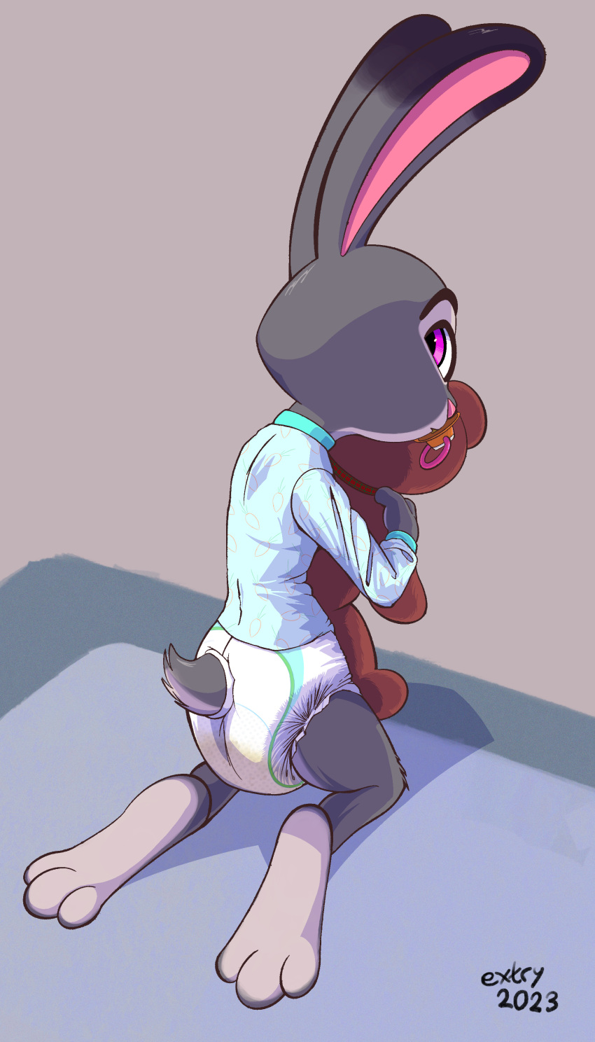 absurd_res anthro bodily_fluids clothing diaper disney extry feet female genital_fluids hi_res holding_object holding_plushie holding_teddy_bear judy_hopps kneeling lagomorph leporid long_ears looking_at_viewer looking_back mammal object_in_mouth pacifier pacifier_in_mouth pajamas plushie rabbit solo teddy_bear urine watermark wet_diaper wetting zootopia