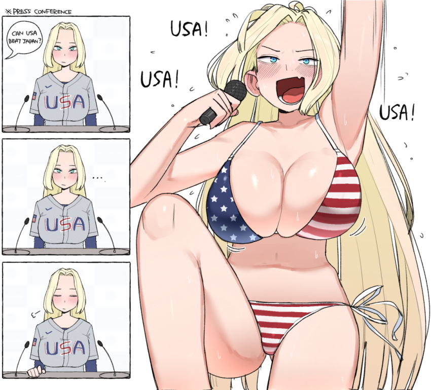 1girl american_flag american_flag_print bare_arms bare_shoulders bikini blonde_hair blue_eyes blush bouncing_breasts breasts cleavage collarbone english_text flag_print jersey large_breasts long_hair microphone ohasi open_mouth original parted_bangs press_conference raised_fist shiny_skin solo striped_bodysuit sweat swimsuit upper_body
