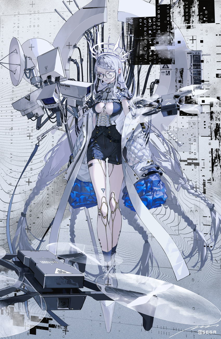 1girl absurdres android ankle_boots arms_at_sides barcode between_breasts blue_socks boots braid braided_bangs breasts cable camera character_request chunithm closed_mouth corset cross-laced_clothes drone frilled_sleeves frills full_body glasses grey_background grey_eyes grey_footwear grey_hair headgear headset highres jacket joints layered_clothes layered_sleeves lipstick long_hair looking_at_viewer low-braided_long_hair machine makeup multiple_braids off_shoulder open_clothes open_jacket platform_footwear robot_joints rolua round_eyewear satellite_dish sega sleeves_past_fingers sleeves_past_wrists smile snap-fit_buckle socks solo standing very_long_hair very_long_sleeves white_jacket