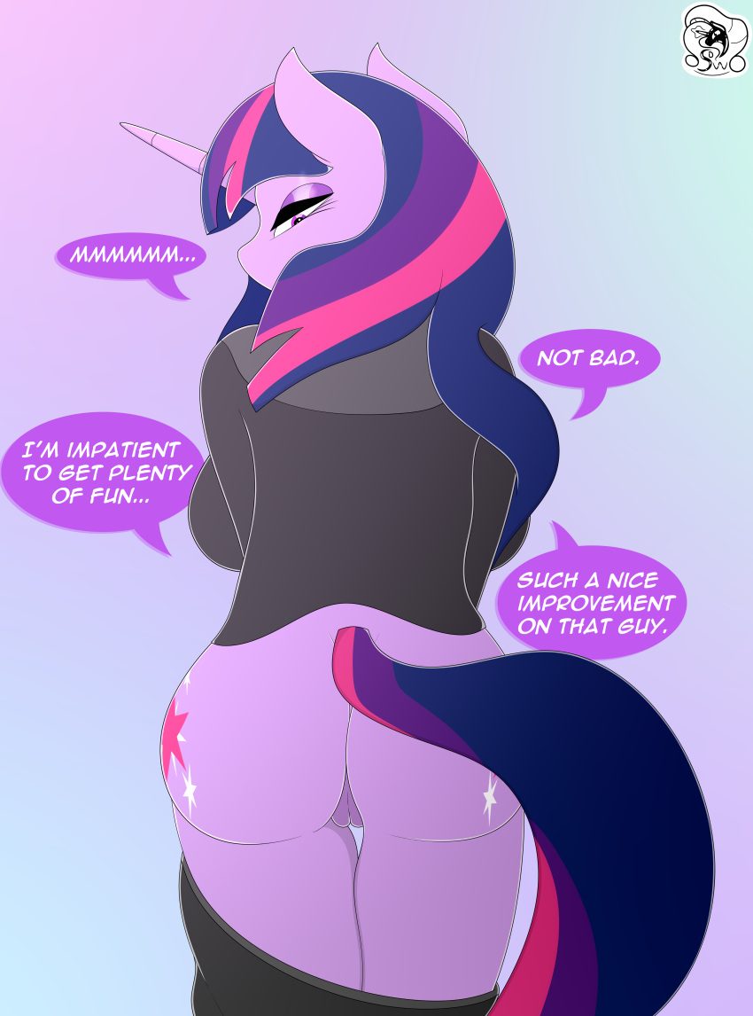 2022 absurd_res after_transformation anthro bangs breasts butt clothing cutie_mark dialogue english_text equid equine female friendship_is_magic fur genitals hair half-closed_eyes hasbro hi_res horn looking_back mammal my_little_pony narrowed_eyes purple_body purple_eyes purple_fur purple_hair purple_tail pussy skyspeardw solo tail text twilight_sparkle_(mlp) unicorn