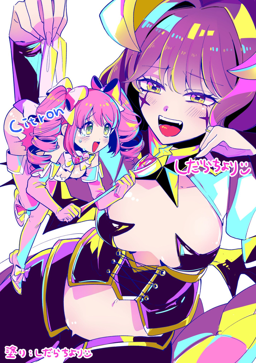2girls artist_request black_corset black_pants blush bow breasts bridal_gauntlets corset demon_horns demon_wings drill_hair fingernails hair_bow highres hiiragi_utena holding holding_staff horns long_fingernails low_wings magia_baiser magia_magenta magical_girl mahou_shoujo_ni_akogarete medium_breasts mini_person minigirl multiple_girls navel open_mouth pants pasties pink_bow pink_hair puffy_sleeves purple_eyes simple_background staff star_(symbol) star_pasties twin_drills white_background white_shrug wings yellow_eyes
