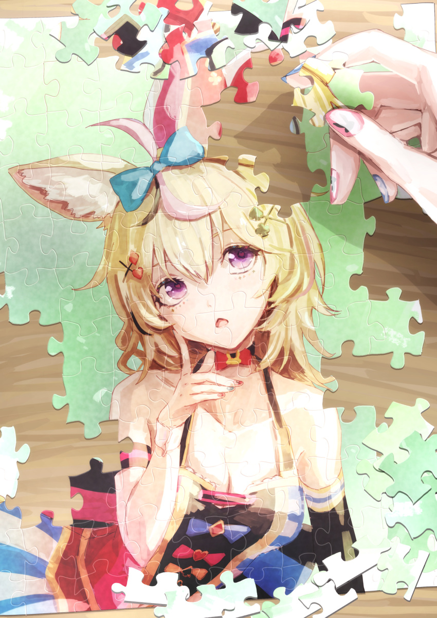 1girl ahoge animal_ear_fluff animal_ears arm_strap bare_shoulders black_gloves black_hair blonde_hair blue_bow blue_skirt bow bowtie breasts buttons cleavage collarbone commentary double-parted_bangs elbow_gloves facial_mark fox_ears fox_girl gloves hair_between_eyes hair_bow hair_ornament halter_shirt halterneck hand_on_own_cheek hand_on_own_face hand_up hat heart heart-shaped_pupils highres holding hololive index_finger_raised jester_cap jigsaw_puzzle looking_at_viewer medium_breasts medium_hair multicolored_hair multicolored_nails omaru_polka omaru_polka_(1st_costume) open_mouth pink_hair purple_eyes puzzle puzzle_piece red_bow red_bowtie single_elbow_glove skirt streaked_hair striped striped_skirt symbol-shaped_pupils table tilted_headwear traditional_bowtie vertical-striped_skirt vertical_stripes virtual_youtuber wrist_cuffs x_hair_ornament yami_ara