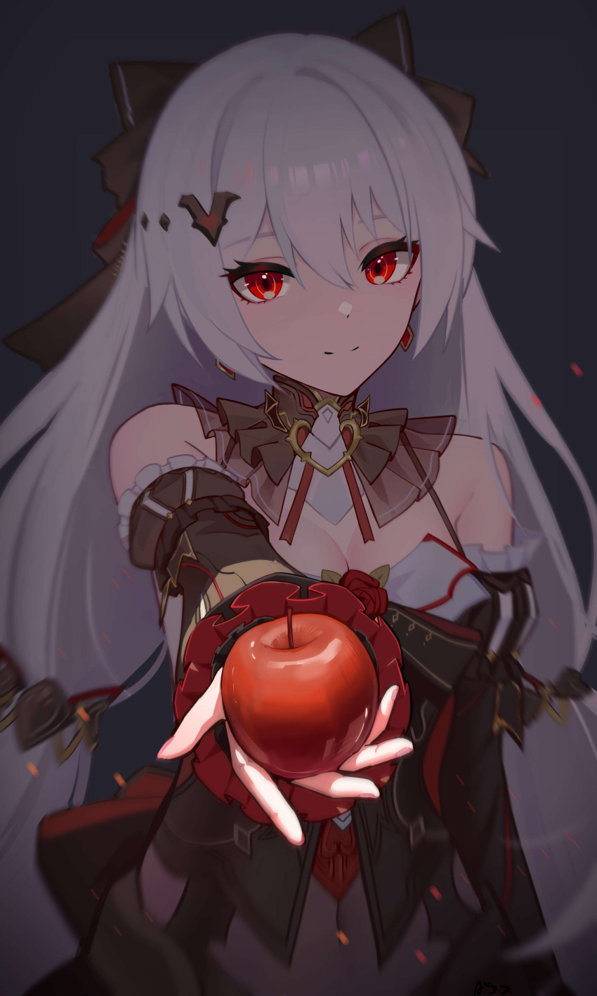 1girl absurdres ai_dongdong apple bare_shoulders black_sleeves blurry breasts cleavage closed_mouth commentary_request covered_navel detached_sleeves earrings food fruit grey_background grey_hair hair_between_eyes hair_ornament highres holding holding_food honkai_(series) honkai_impact_3rd jewelry juliet_sleeves long_hair long_sleeves looking_at_viewer medium_breasts outstretched_arm puffy_sleeves red_apple red_eyes simple_background smile solo theresa_apocalypse very_long_hair