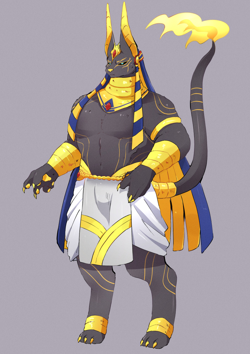 2023 3_toes 5_fingers absurd_res accessory anklet anthro anubian_jackal anubis arm_markings armlet biped black_body black_ears black_fur black_sclera black_tail blue_eyes bottomwear bulge canid canine canis claws clothed clothing colored deity digital_media_(artwork) digitigrade egyptian_clothing egyptian_headdress egyptian_mythology eye_markings feet fingerpads fingers fire flaming_tail front_view full-length_portrait fur furgonomics gem gold_(metal) gold_jewelry grey_background hi_res humanoid_hands jackal jewelry kemono kyou_huji leg_markings male mammal markings middle_eastern_mythology multicolored_body multicolored_ears multicolored_fur multicolored_tail muscular muscular_anthro muscular_male mythology pawpads pecs pectoral_(jewelry) pelvic_curtain portrait pupils ruby_(gem) serious_face shaded shendyt simple_background snout solo standing tail tail_accessory tail_markings tailband three-quarter_view toes topless topless_anthro topless_male two_tone_body two_tone_ears two_tone_fur two_tone_tail white_bottomwear white_clothing yellow_body yellow_claws yellow_ears yellow_fur yellow_inner_ear yellow_markings yellow_nose yellow_pawpads yellow_tail