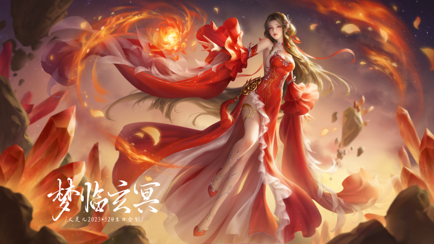 1girl a_zi_leidian absurdres brown_hair chest_cutout chinese_clothes detached_sleeves dress facial_mark floating floating_rock flower forehead_mark full_body glowing_flower hair_ornament highres huo_linger_(wanmei_shijie) long_hair long_sleeves lotus parted_lips purple_eyes red_dress red_footwear second-party_source solo teeth two-tone_dress wanmei_shijie
